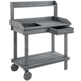 Potting Bench with Wheels Sink Drawer Storage Spaces Wooden Gray