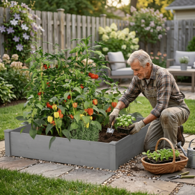 Raised Garden Bed 48x48x10'', Outdoor Wood Planter Box Over Floor, Tool-Free Assembly