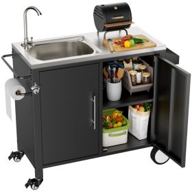 Outdoor Grill Table With Sink, Grill Cart With 304 Stainless Steel Sink And Cabinet, Outdoor Grill Cart,Outdoor Cart Sink Station With Wheels, L3 (Option: Black and Silver)