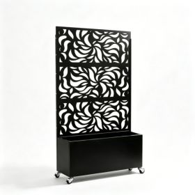 70.87inch Hx46.06inch W Leaf Pattern Privacy Screen With Planter Box, Black Metal Freestanding Decorative Fence Planter For Patio Balcony (Option: 03043664)