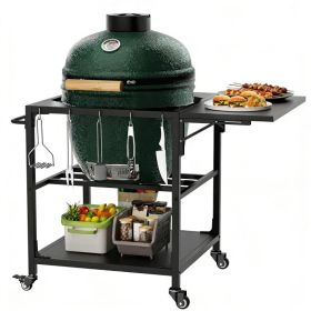 Outdoor Grill Table For Big Green Egg Style BBQ, Heavy Duty Metal Cart Prep Table With Wheels, Storage Shelf, Hooks And Removable Central Cover, (Option: Black)