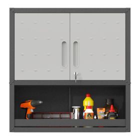 Metal Wall-Mounted Tool Storage Cabinet With Locking Door And 1 Shelf 1 Opened Drawer For Garage Warehouse,Office,Assembly Required (Option: Black Gray)