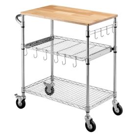 Kitchen Utility Cart, 3 Tier Heavy Duty Adjustable Wire Storage Rack With Wood Tabletop And Handle Bar, Rolling Portable Service Trolley On Wheel (Option: Default)